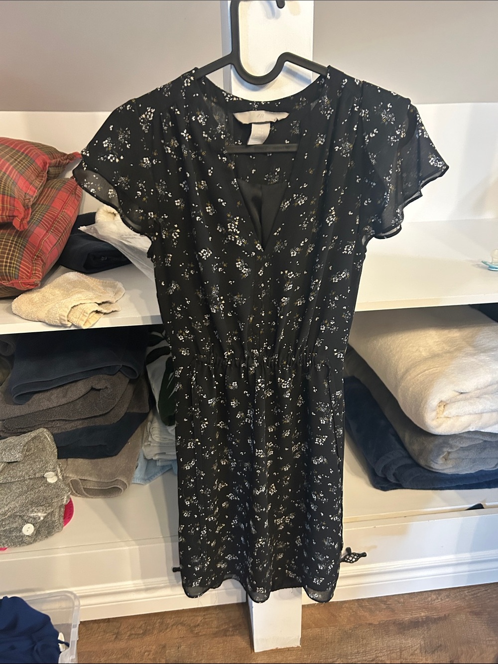 H&M Black Mini Dress with White Floral Print